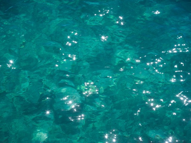 近处透明绿色海水与闪光。